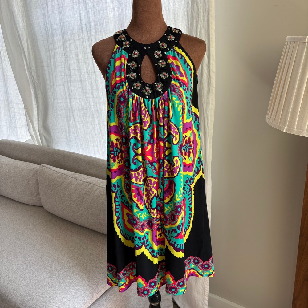 90s Vintage Ice Halter Dress 4 Paisley Beaded Keyhole Y2K 2000s Boho Festival